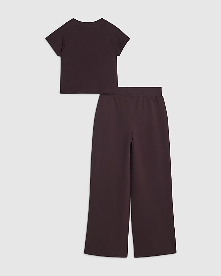 Girls Red Bow Taped Wide Leg Joggers Set