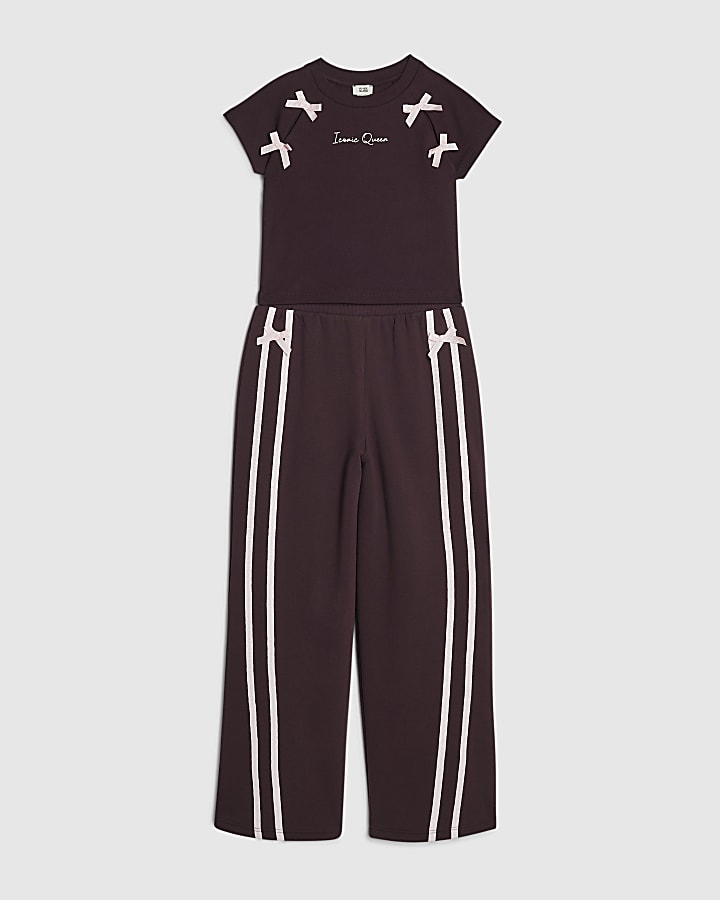 Girls Red Bow Taped Wide Leg Joggers Set
