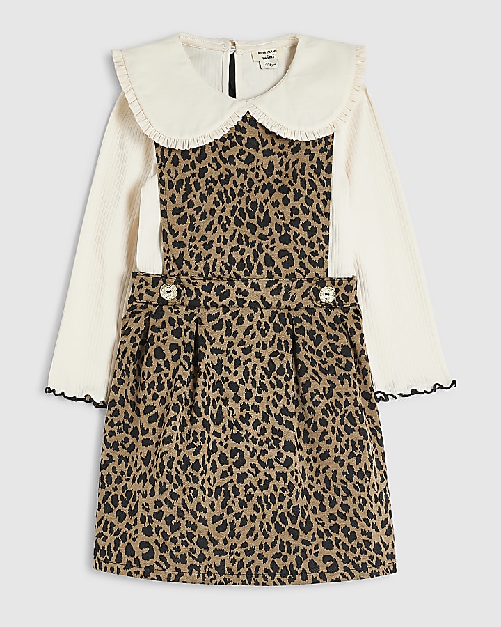 Mini Girls Brown Leopard Print Pinafore Set