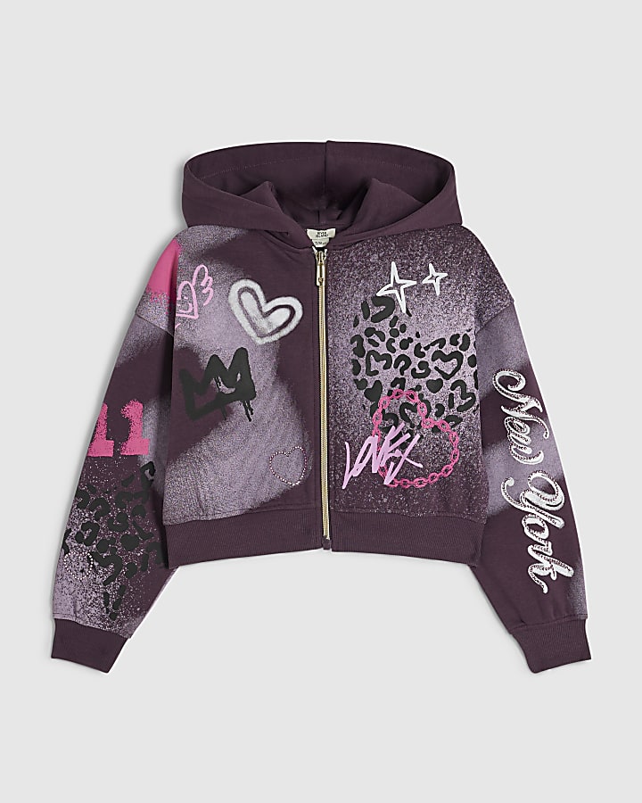 Girls Purple Graffiti Zip Up Hoodie