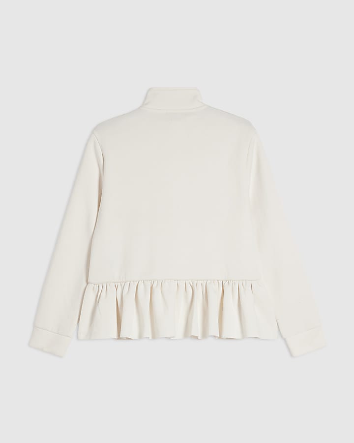 Girls Cream Zip Up Frill Sweatshirt