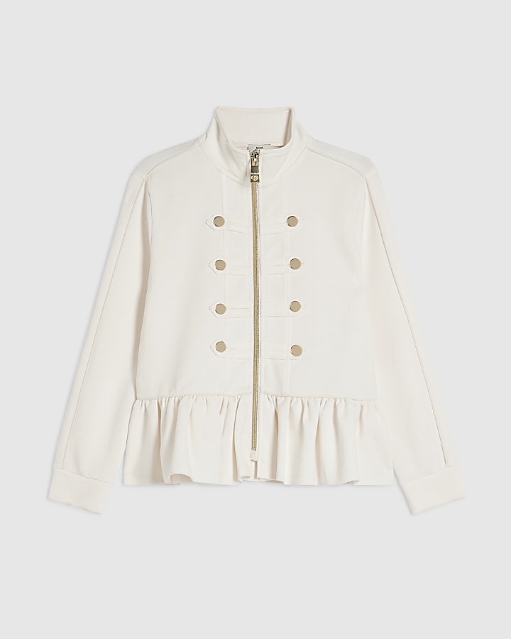 Girls Cream Zip Up Frill Sweatshirt
