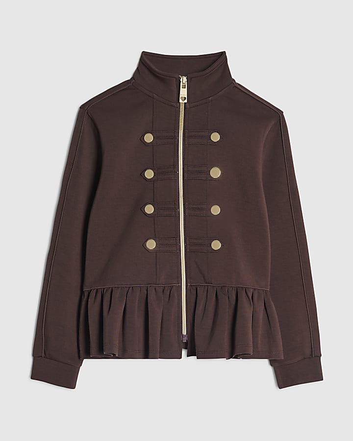 Girls Brown Zip Up Frill Sweatshirt