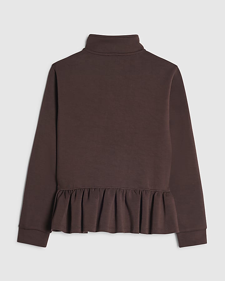 Girls Brown Zip Up Frill Sweatshirt