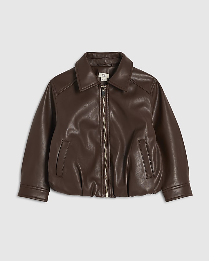 Mini Girls Brown Bubble Hem Bomber Jacket