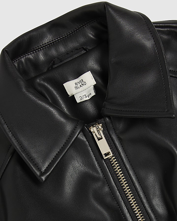 Mini Girls Black Faux Leather Bomber Jacket