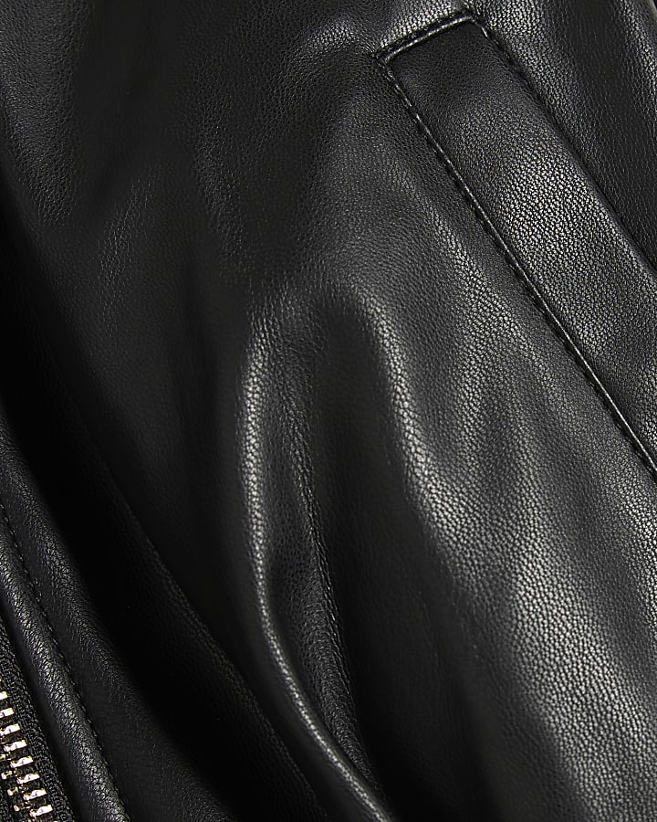 Mini Girls Black Faux Leather Bomber Jacket