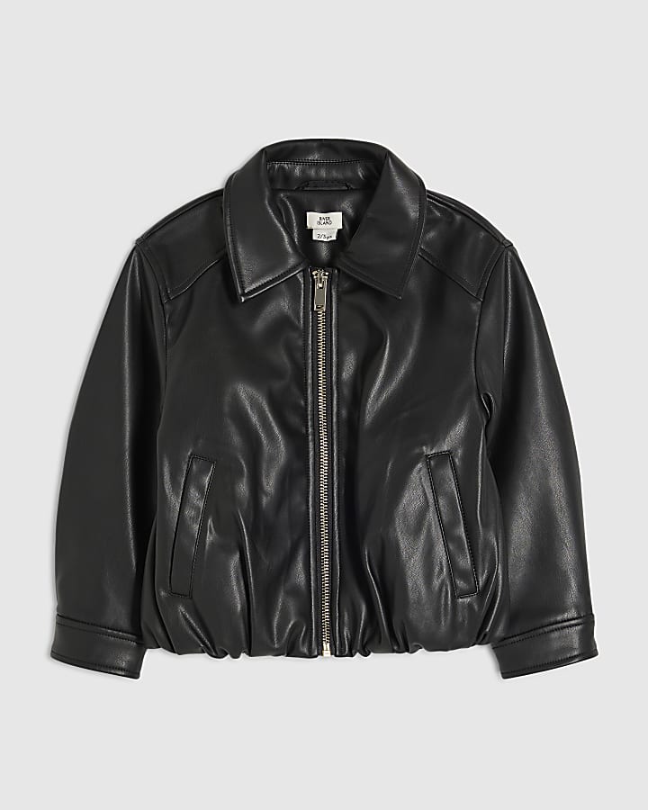 Mini Girls Black Faux Leather Bomber Jacket