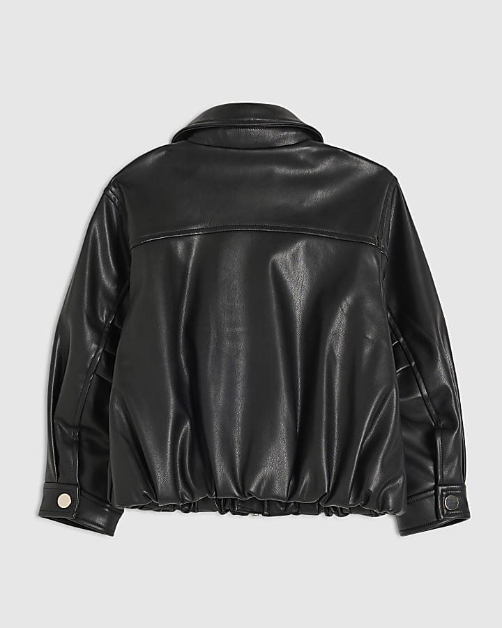 Mini Girls Black Faux Leather Bomber Jacket