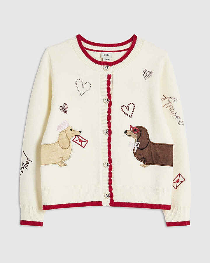 Girls Cream Dog Cardigan