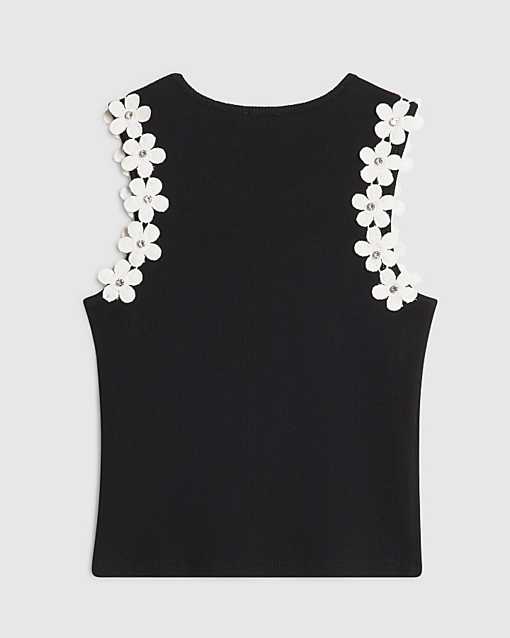 Girls Black Floral Trim Tank Top