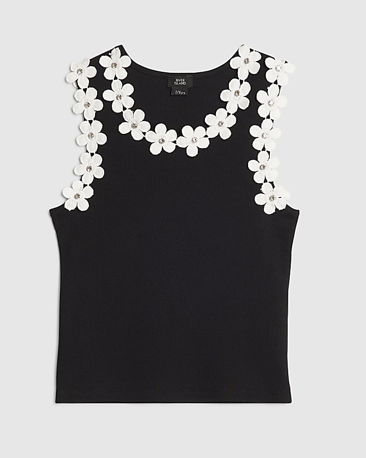 Girls Black Floral Trim Tank Top