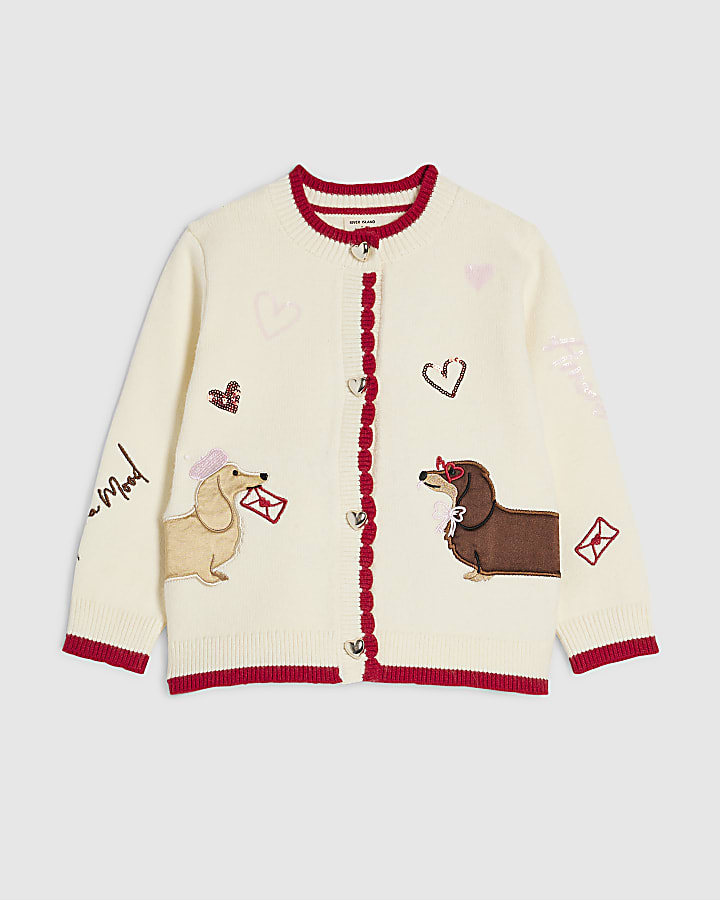Mini Girls Cream Dogs Cardigan