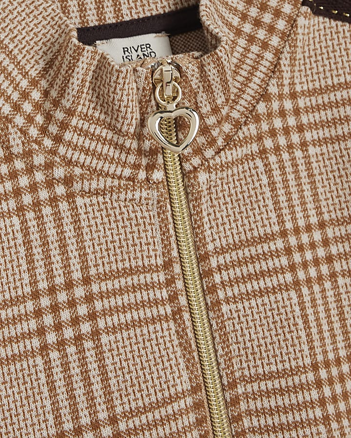 Girls Beige Check Funnel Neck Dress