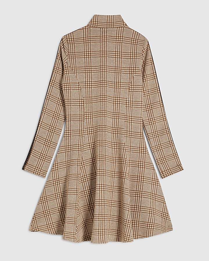 Girls Beige Check Funnel Neck Dress