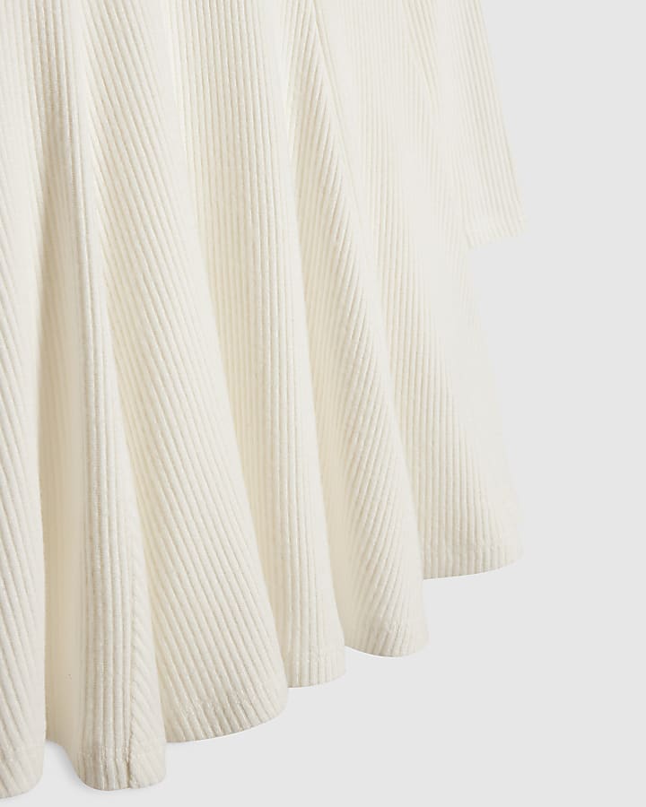 Girls White Ribbed Funnel Fit And Flare Dress