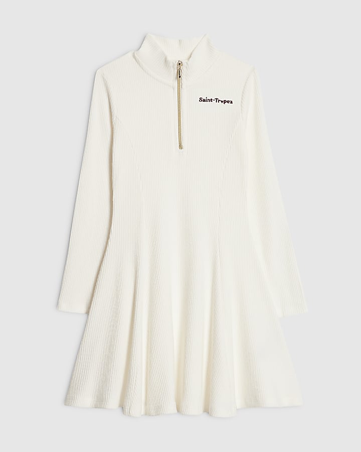Girls White Ribbed Funnel Fit And Flare Dress