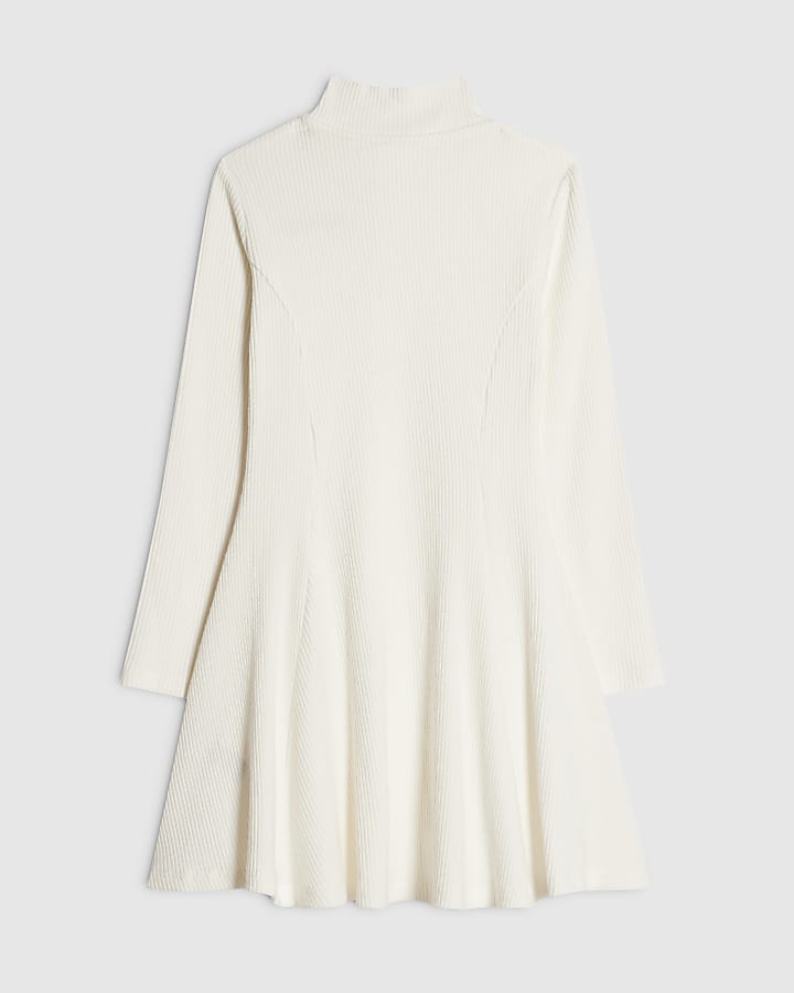 Girls White Ribbed Funnel Fit And Flare Dress