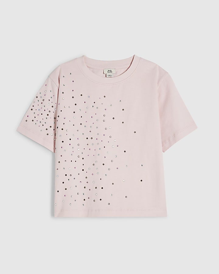Girls Pink Diamante Embellished Crop Top