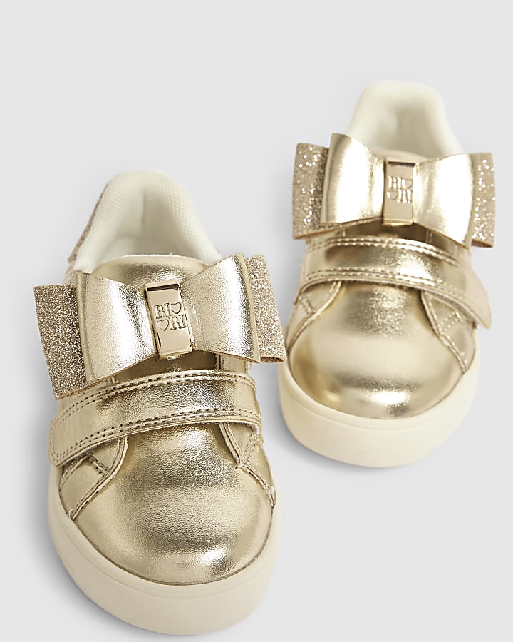 Mini Girls Gold Glitter Bow Trainers