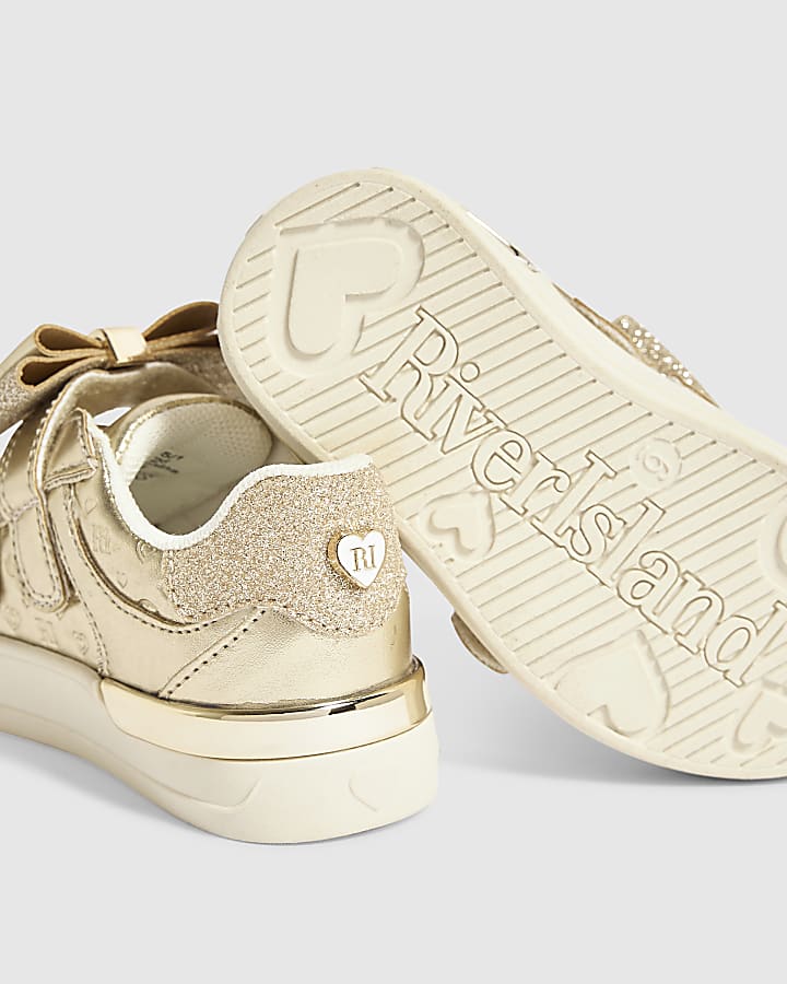 Mini Girls Gold Glitter Bow Trainers