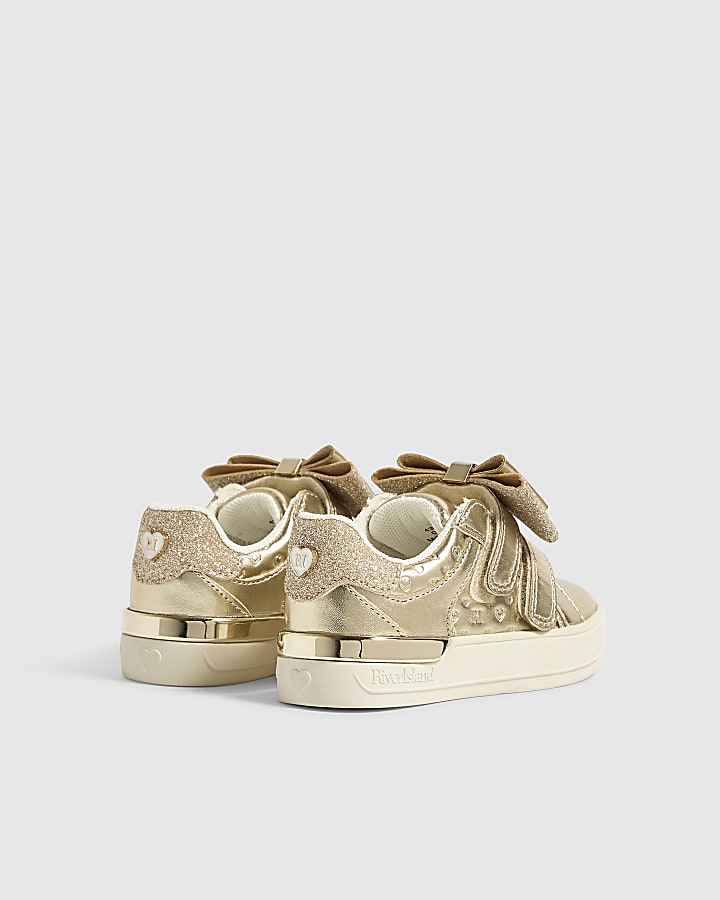 Mini Girls Gold Glitter Bow Trainers