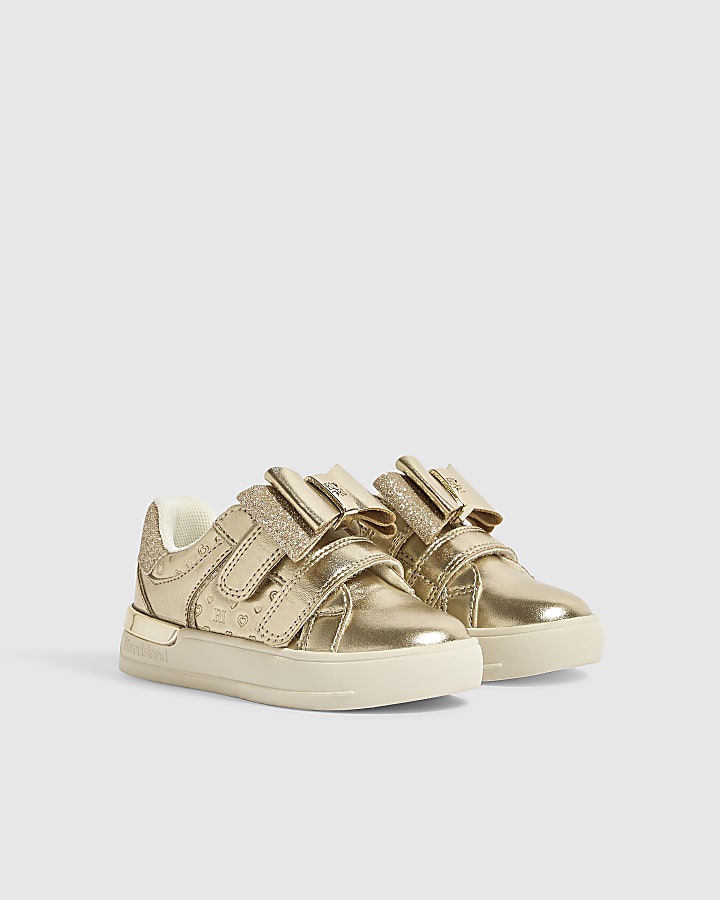 Mini Girls Gold Glitter Bow Trainers