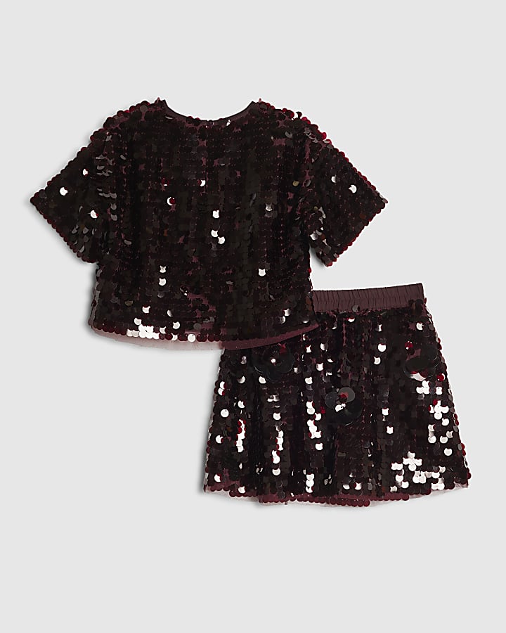 Girls Red Sequin Flower Top & Skirt Set