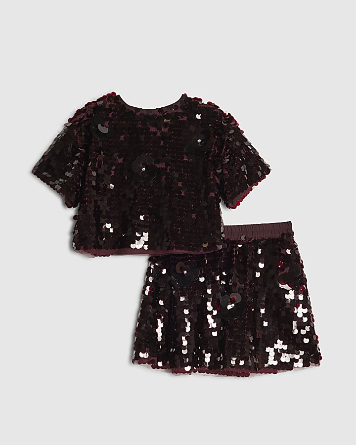 Girls Red Sequin Flower Top & Skirt Set