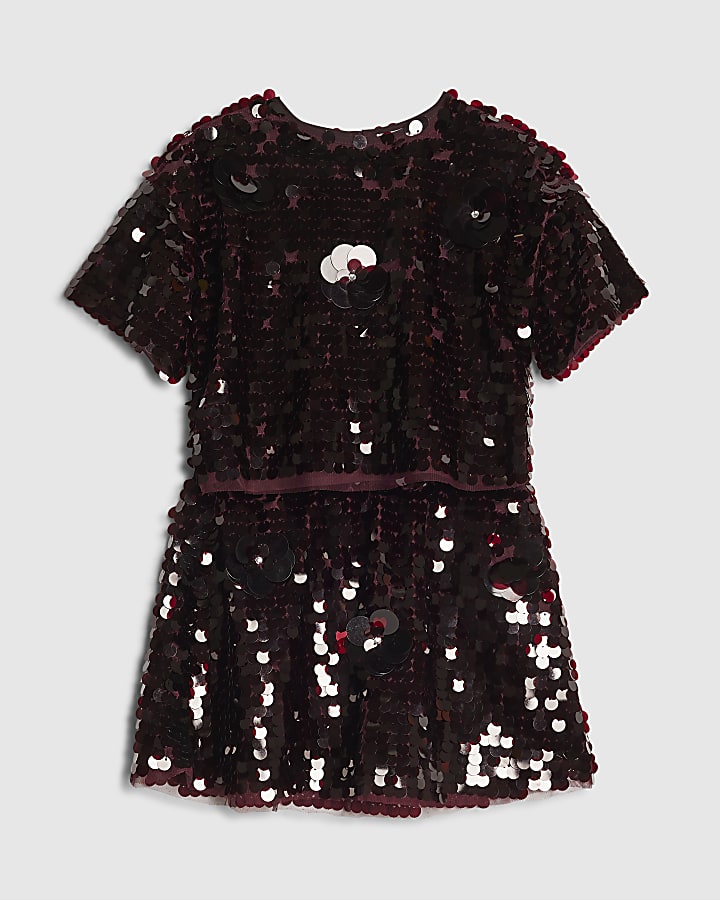 Girls Red Sequin Flower Top & Skirt Set