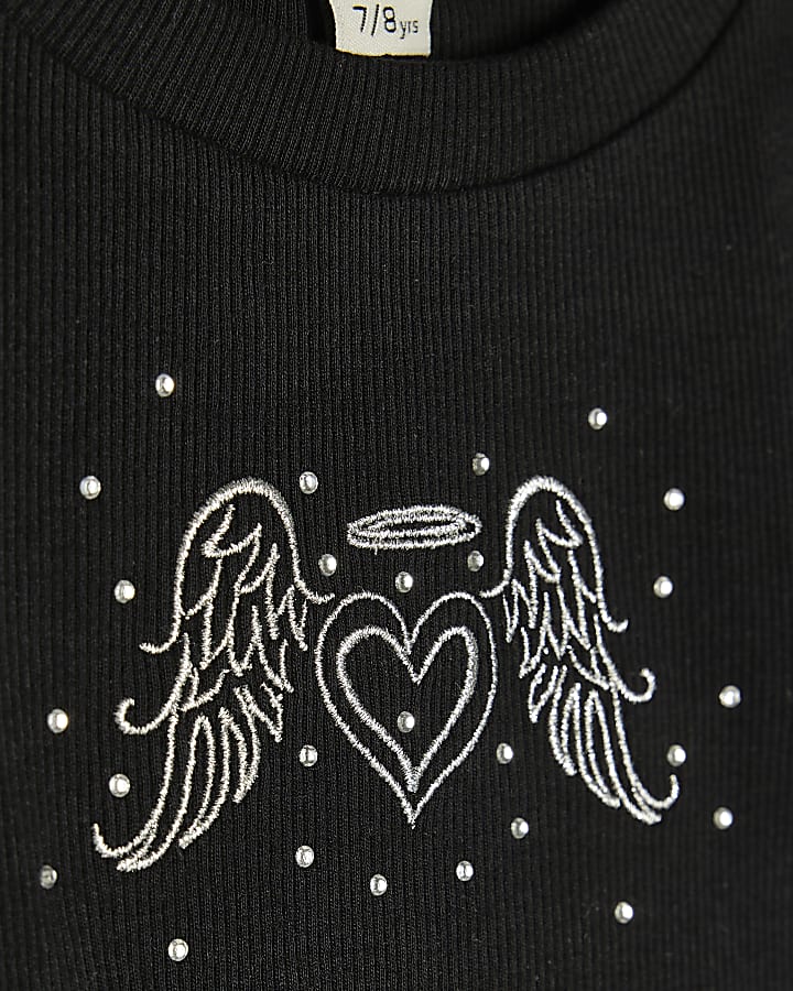 Girls Black Embellished Angel Wings T-Shirt