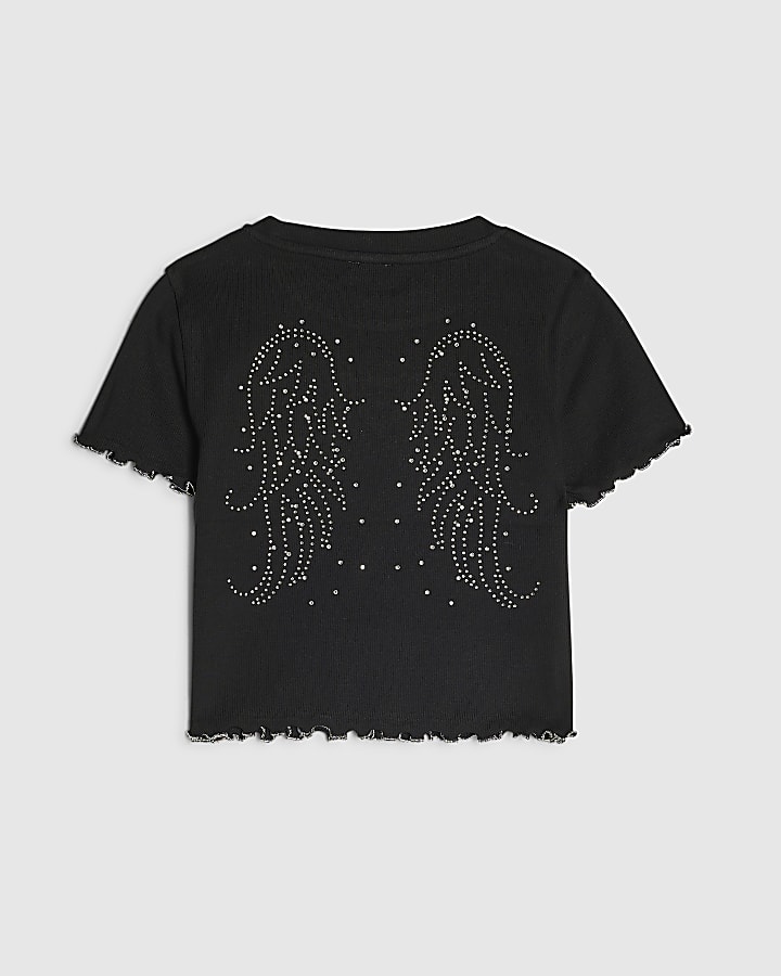 Girls Black Embellished Angel Wings T-Shirt