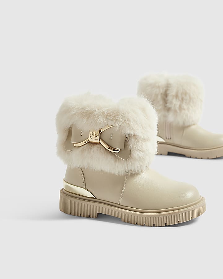 Mini Girls Cream Faux Fur Cuff Boots