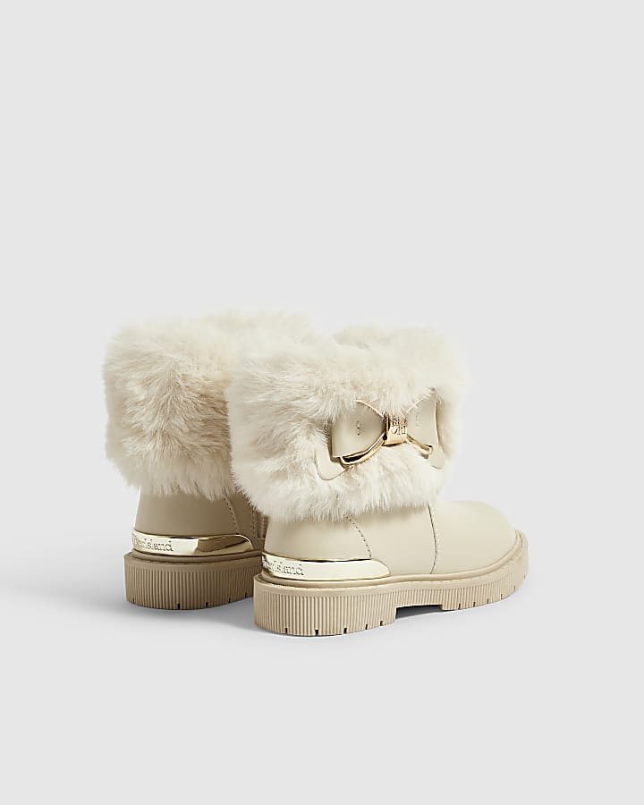 Mini Girls Cream Faux Fur Cuff Boots