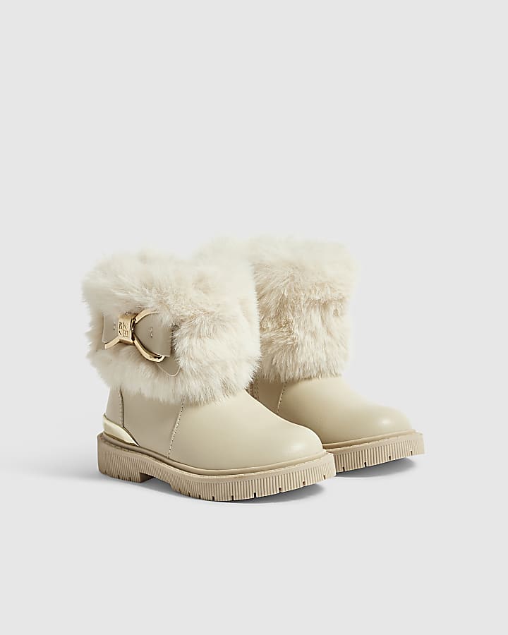 Mini Girls Cream Faux Fur Cuff Boots