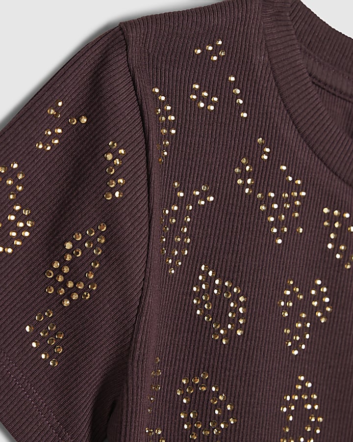 Girls Brown Diamante Leopard Print T-Shirt 
