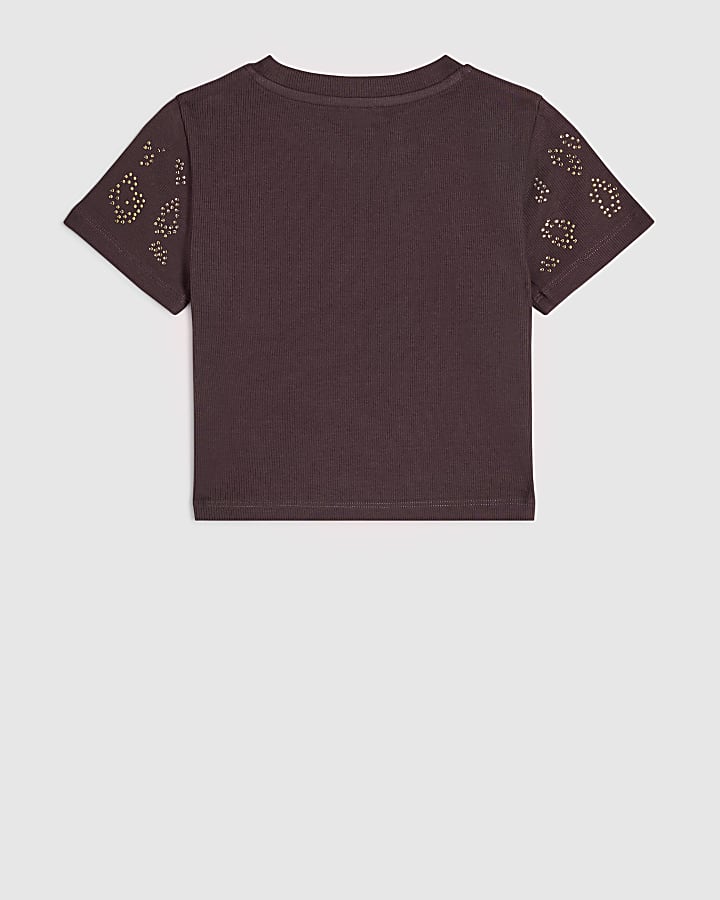 Girls Brown Diamante Leopard Print T-Shirt 