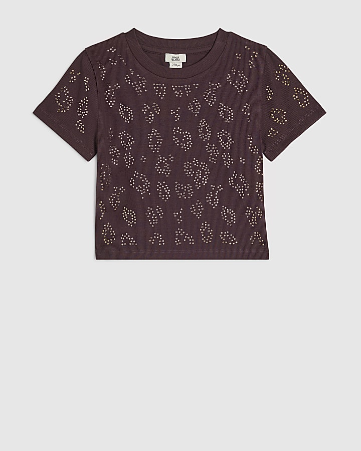 Girls Brown Diamante Leopard Print T-Shirt 