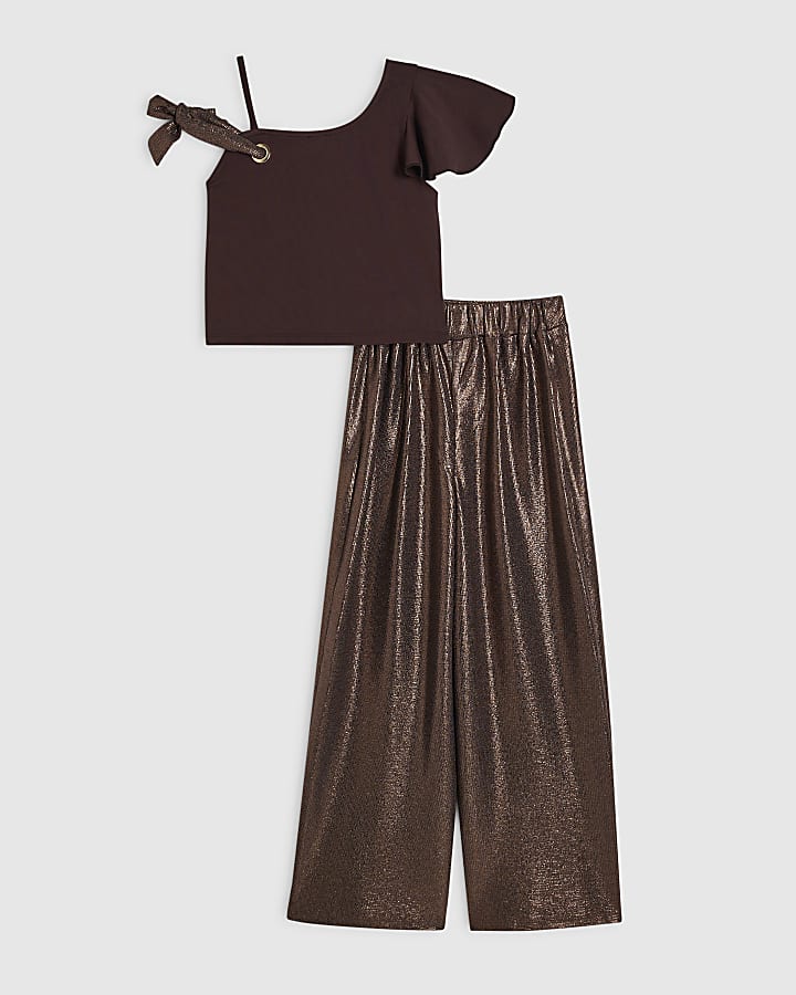 Girls Brown Metallic Top And Trousers Set