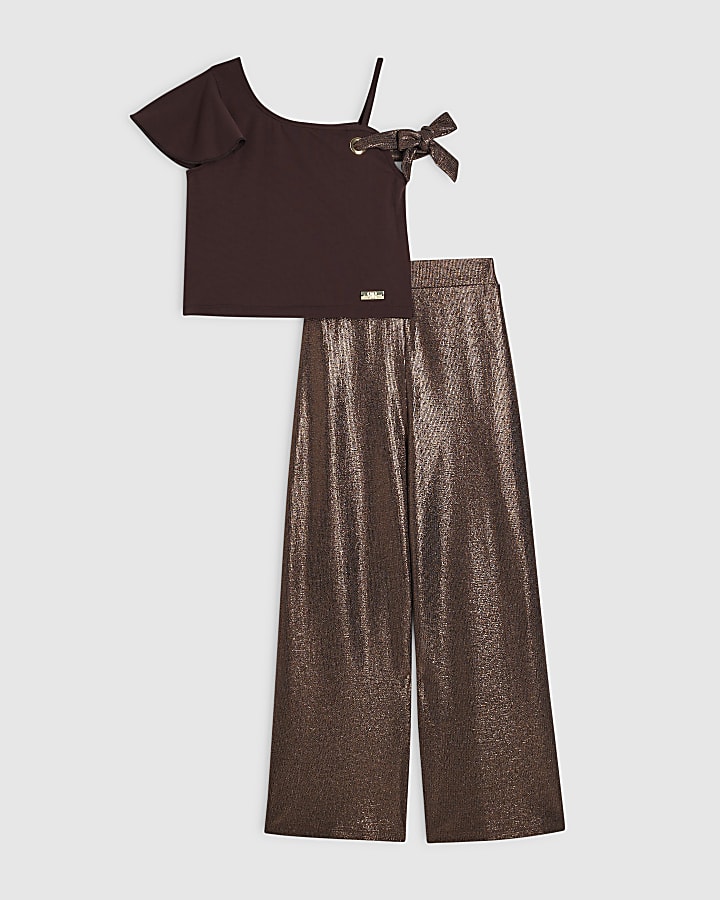 Girls Brown Metallic Top And Trousers Set