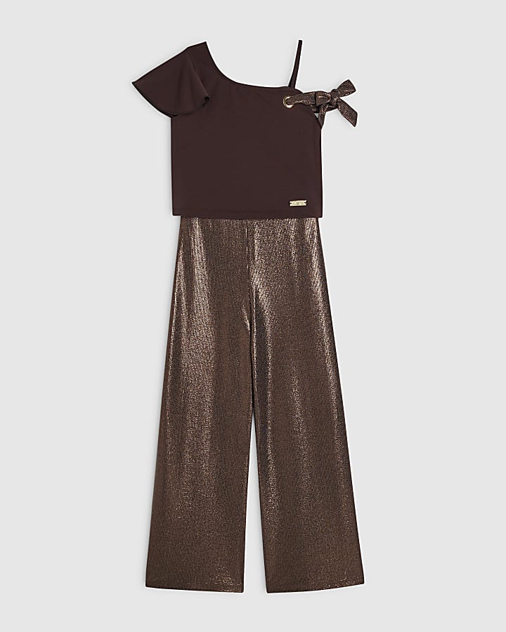 Girls Brown Metallic Top And Trousers Set
