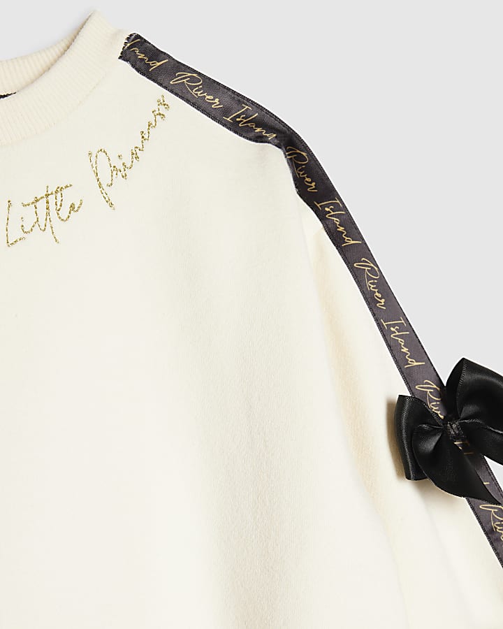Mini Girls White Satin Bow Sweatshirt Set