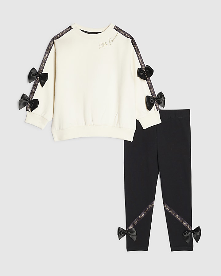 Mini Girls White Satin Bow Sweatshirt Set