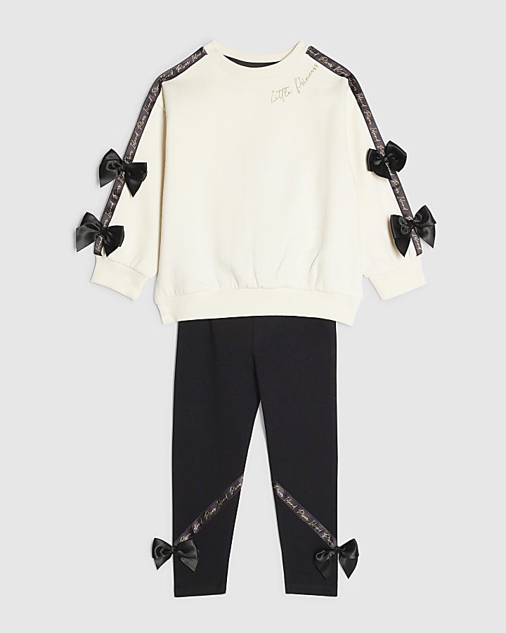 Mini Girls White Satin Bow Sweatshirt Set