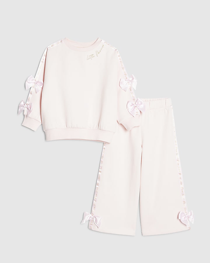 Mini Girls Pink Satin Bow Sweatshirt Set