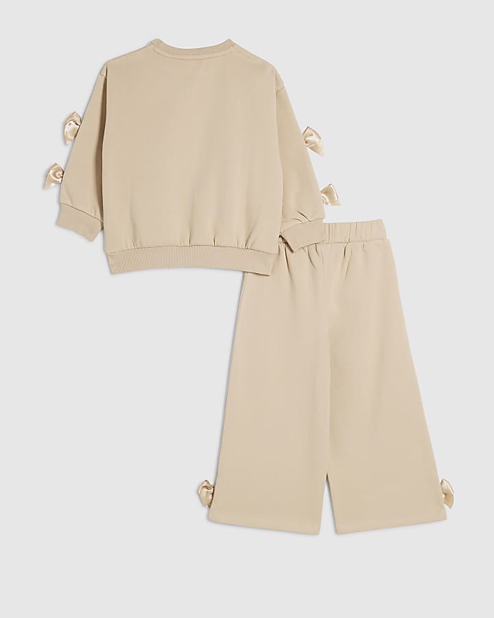 Mini Girls Brown Satin Bow Sweatshirt Set