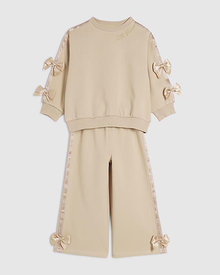Mini Girls Brown Satin Bow Sweatshirt Set