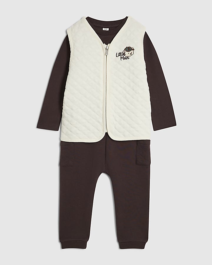 Baby Boys Beige Bear Gilet Set Of 3