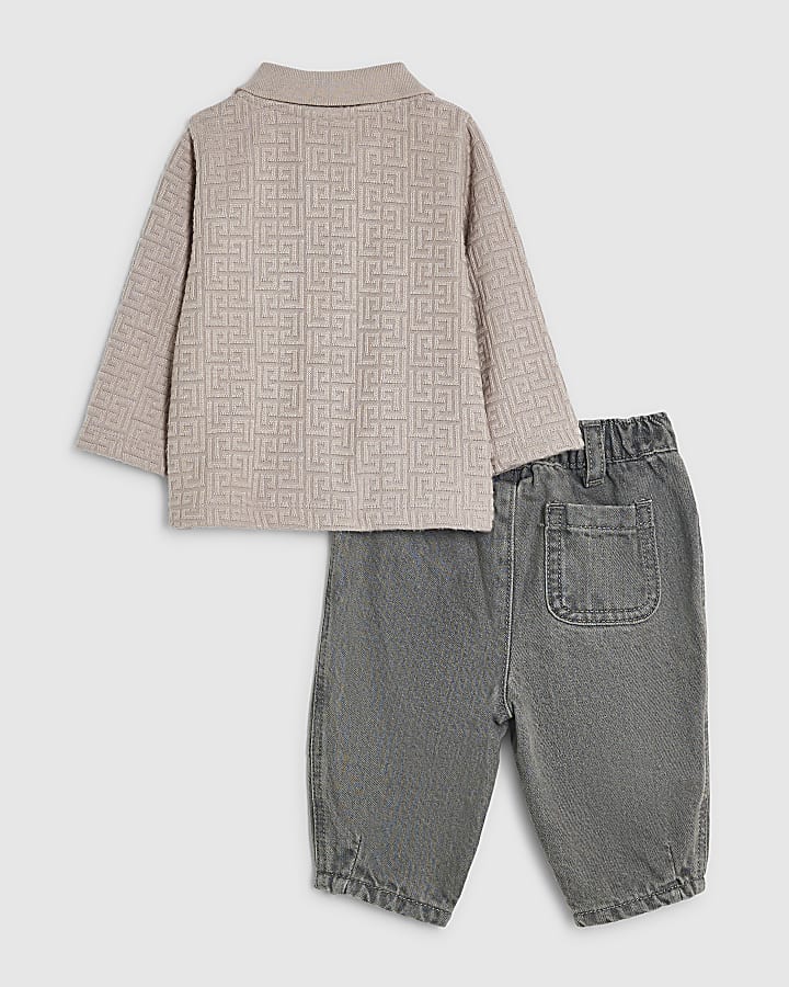 Baby Boys Beige Jacquard Polo And Jeans Set