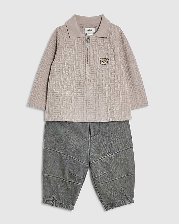 Baby Boys Beige Jacquard Polo And Jeans Set